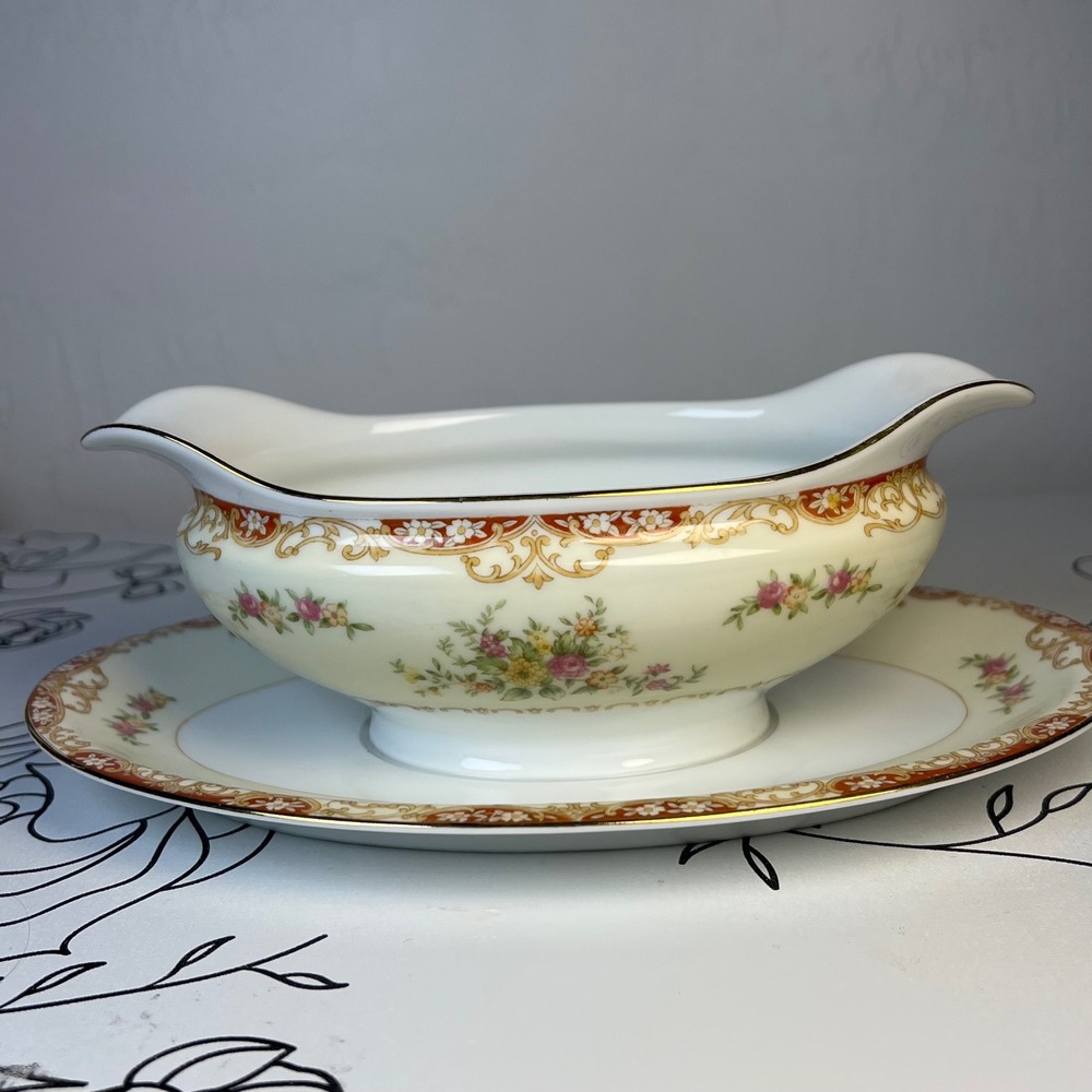 Noritake Vintage Floral Gravy Boat Attached Underplate Gold Trim Japan M Logo